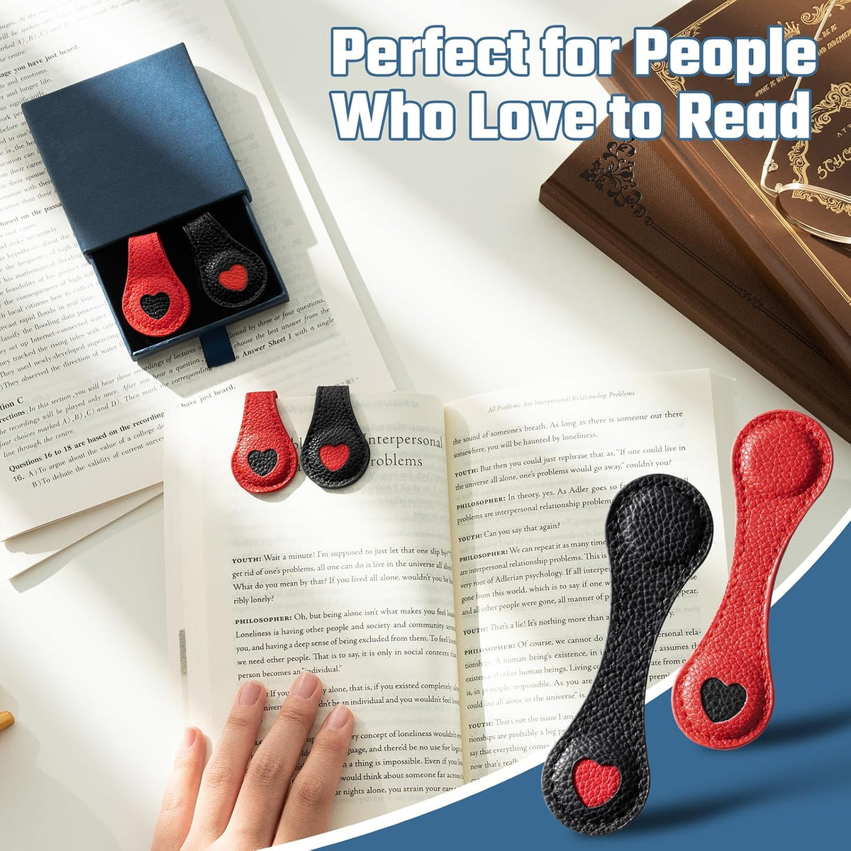 2Pcs PU Leather Heart Magnetic Bookmarks with Pen Holder