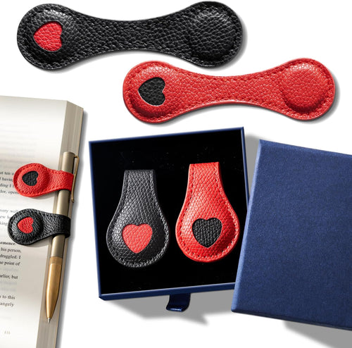 2Pcs PU Leather Heart Magnetic Bookmarks with Pen Holder