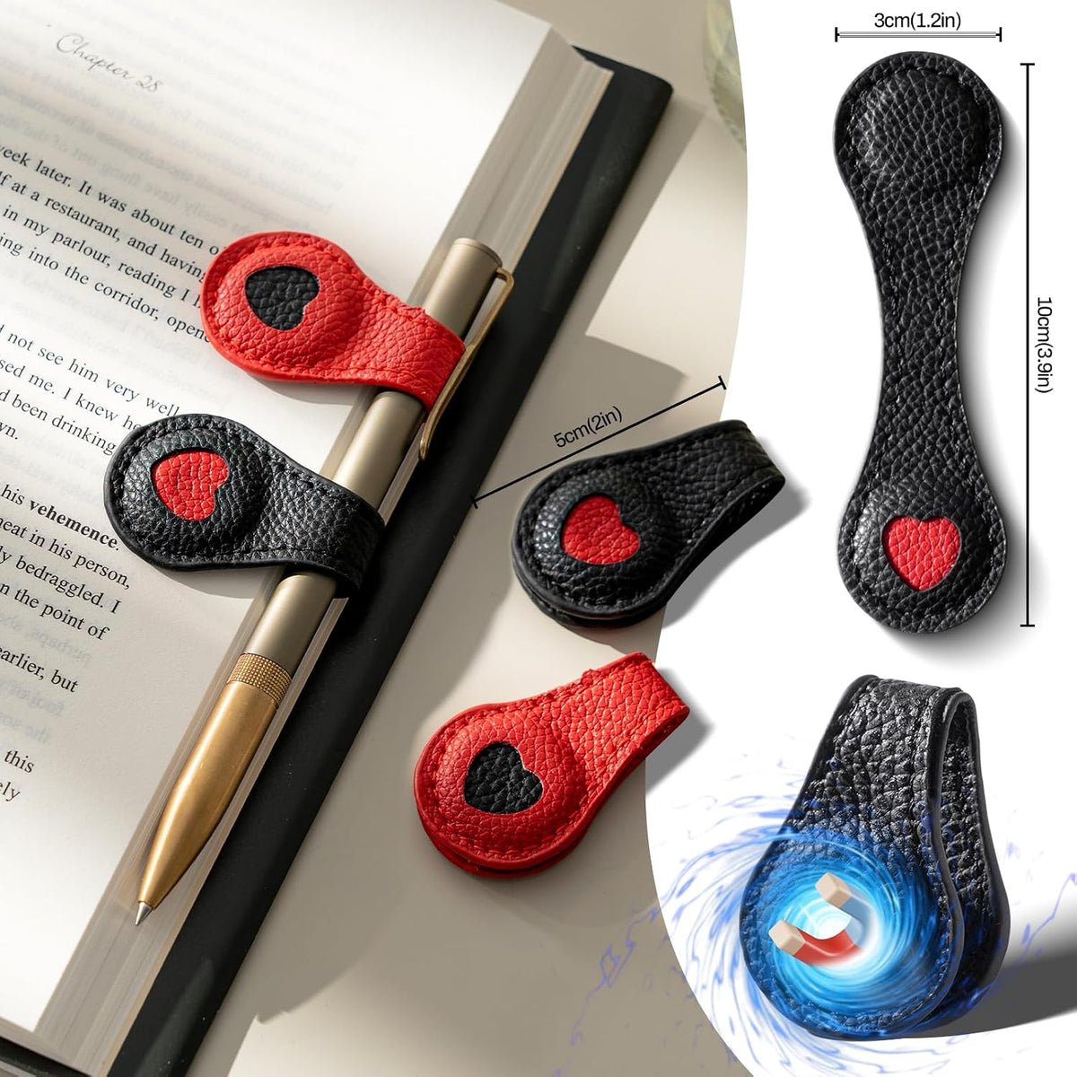 2Pcs PU Leather Heart Magnetic Bookmarks with Pen Holder