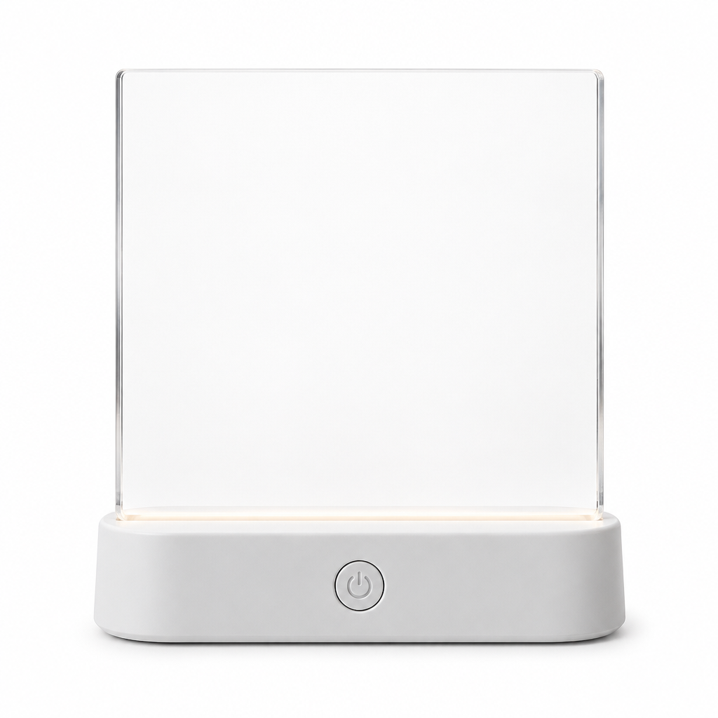 Quiet Glow LED reading panel on a white background, white base