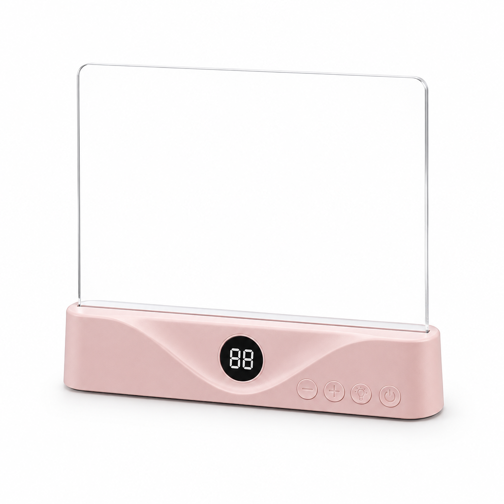 Quiet Glow LED reading panel on a white background, pink base
